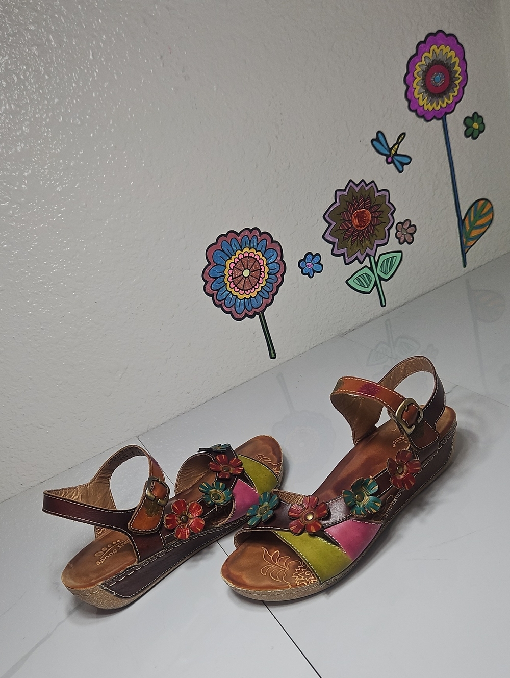 Spring Step Belladonna Leather Wedge Sandals With Floral Appliqués